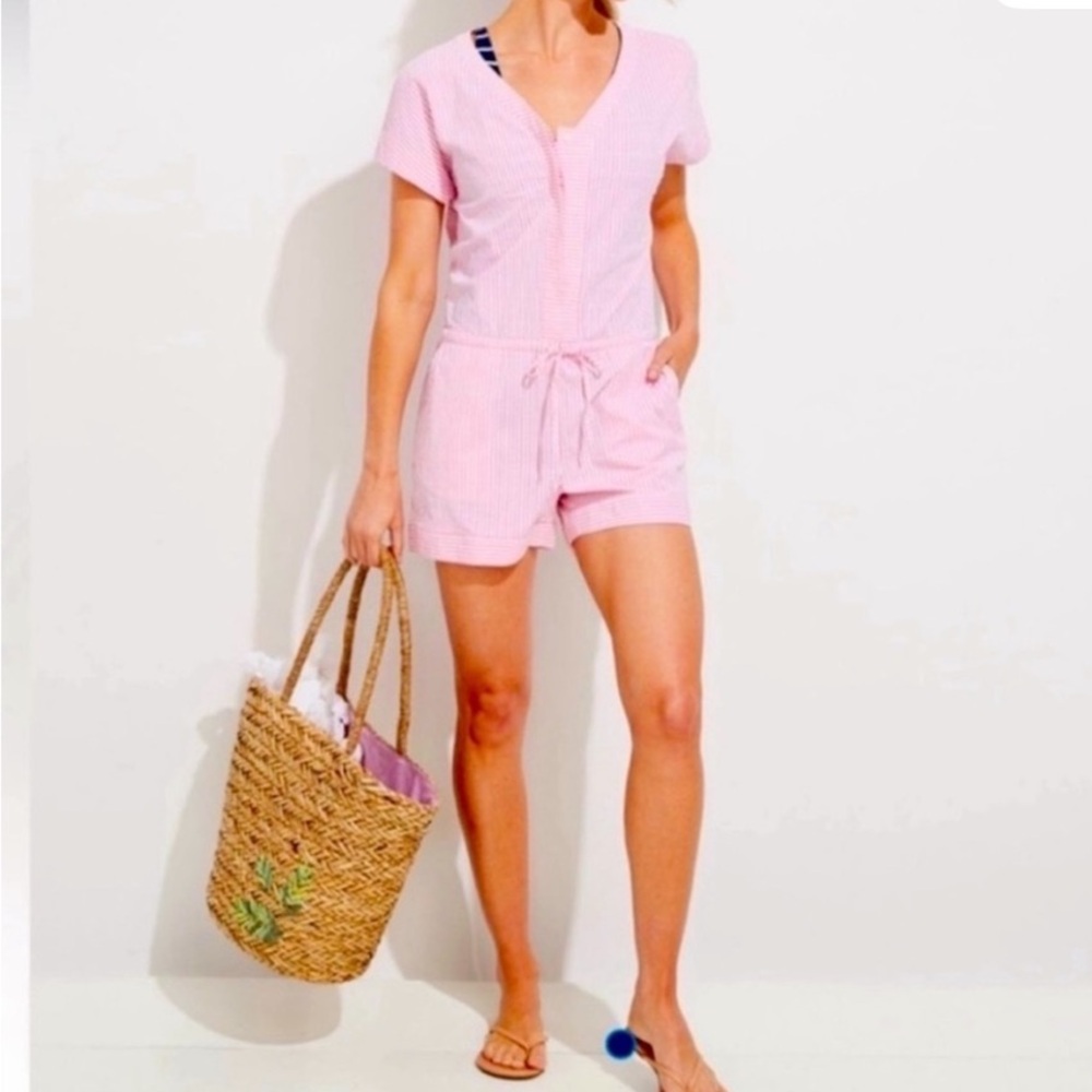 Vineyard Vines Pink & White Seersucker Stripe V-Neck Romper